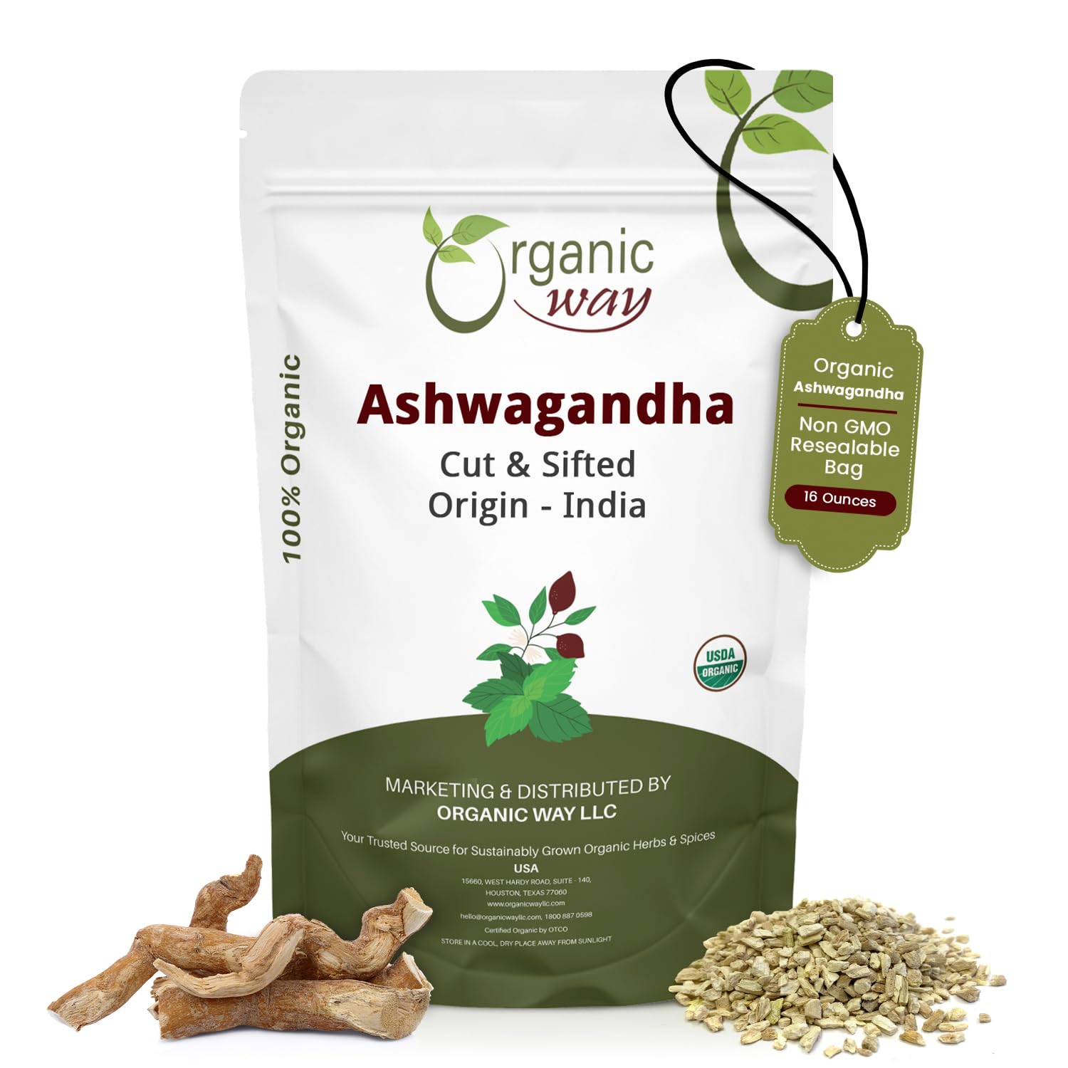Organic Way front packaging showing 1 lb pouch and certifications, clear benefit: trusted sourcing