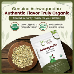 Organic Way resealable pouch open with root pieces visible, benefit: keeps herb fresh