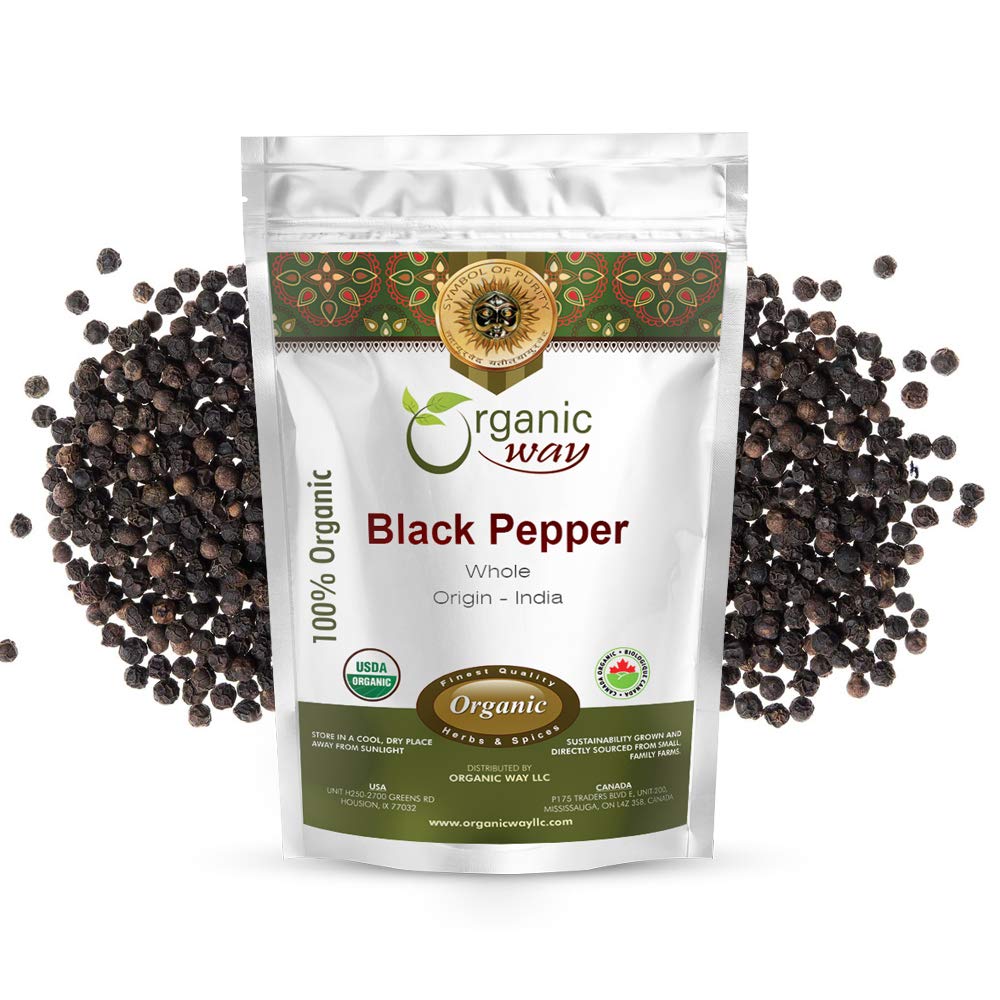 Organic Way front packaging showing 16 ounce bag and premium whole peppercorns benefit fresh flavor