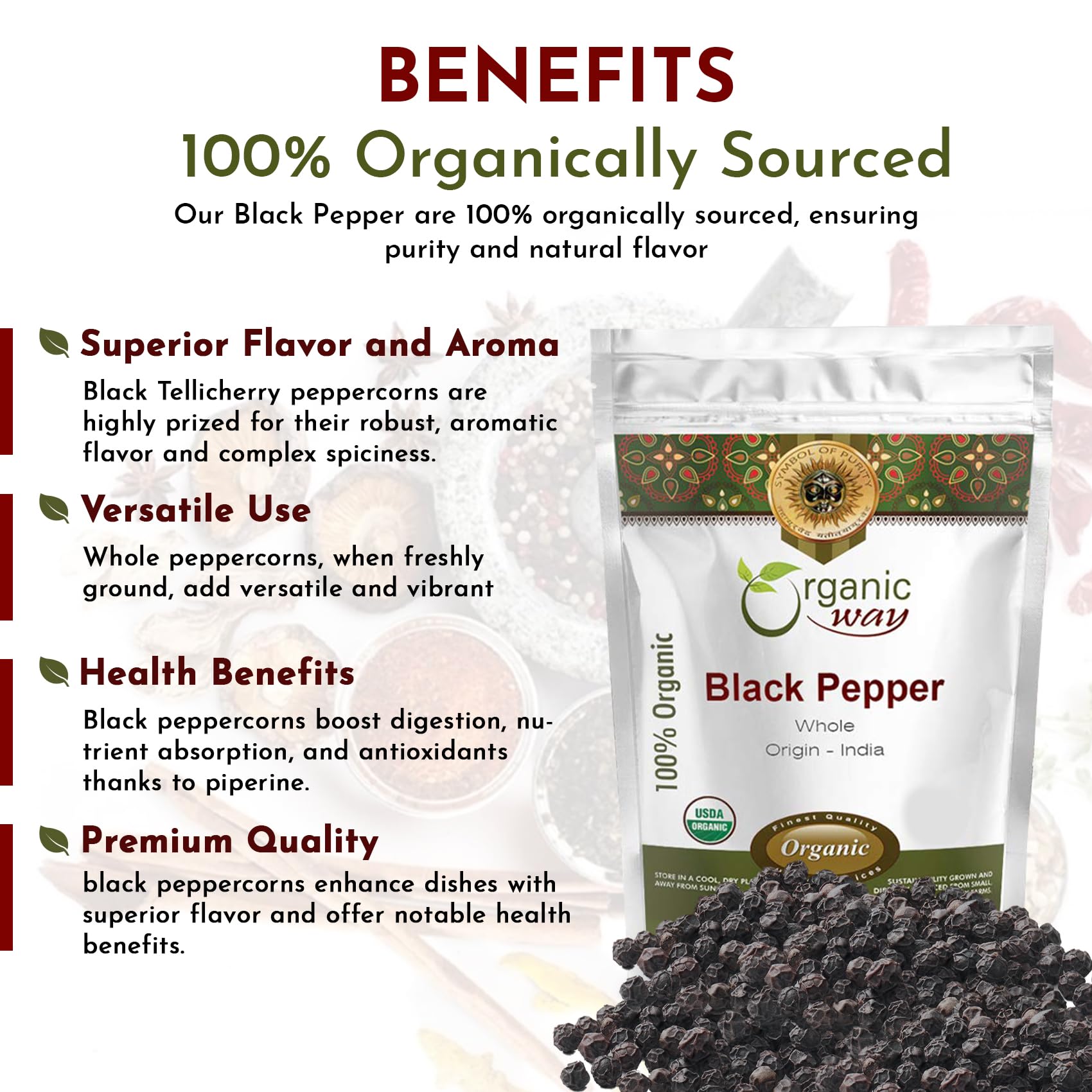 Organic Way peppercorns on kitchen counter near cooked meal showing finishing touch benefit enhanced taste