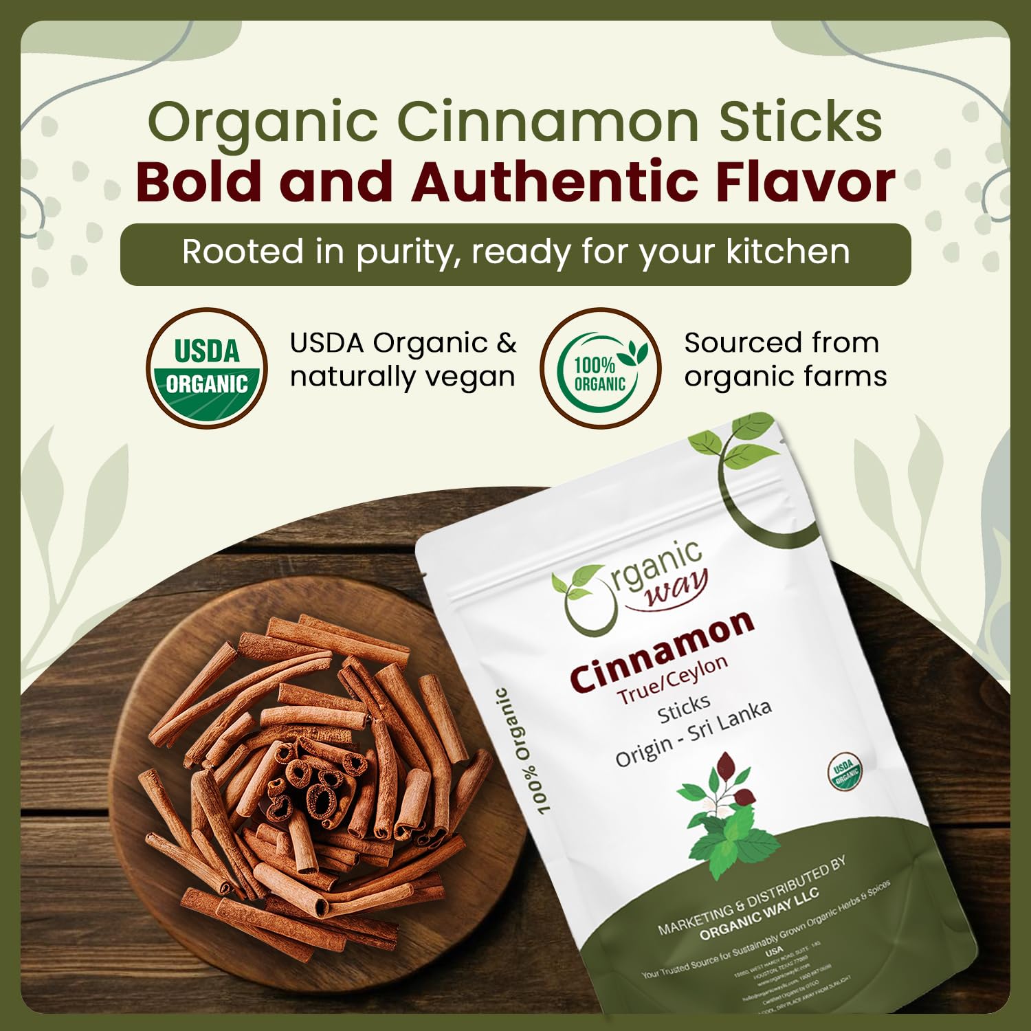 Organic Way cinnamon quills close-up showing fine layers and aromatic quality