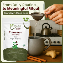 Organic Way cinnamon sticks steeping in teapot adding warm aroma to tea