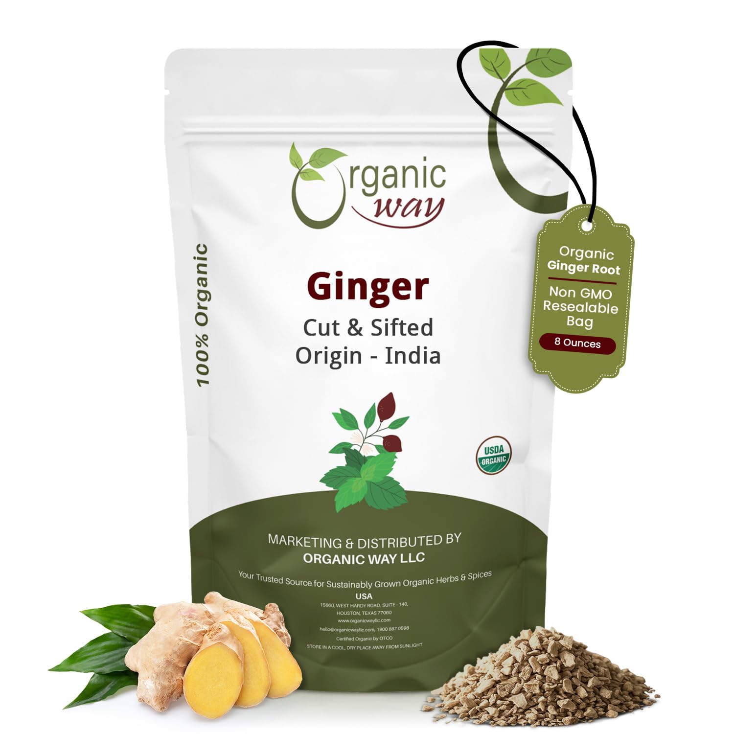 Organic Way front packaging showing cut and sifted ginger for convenience