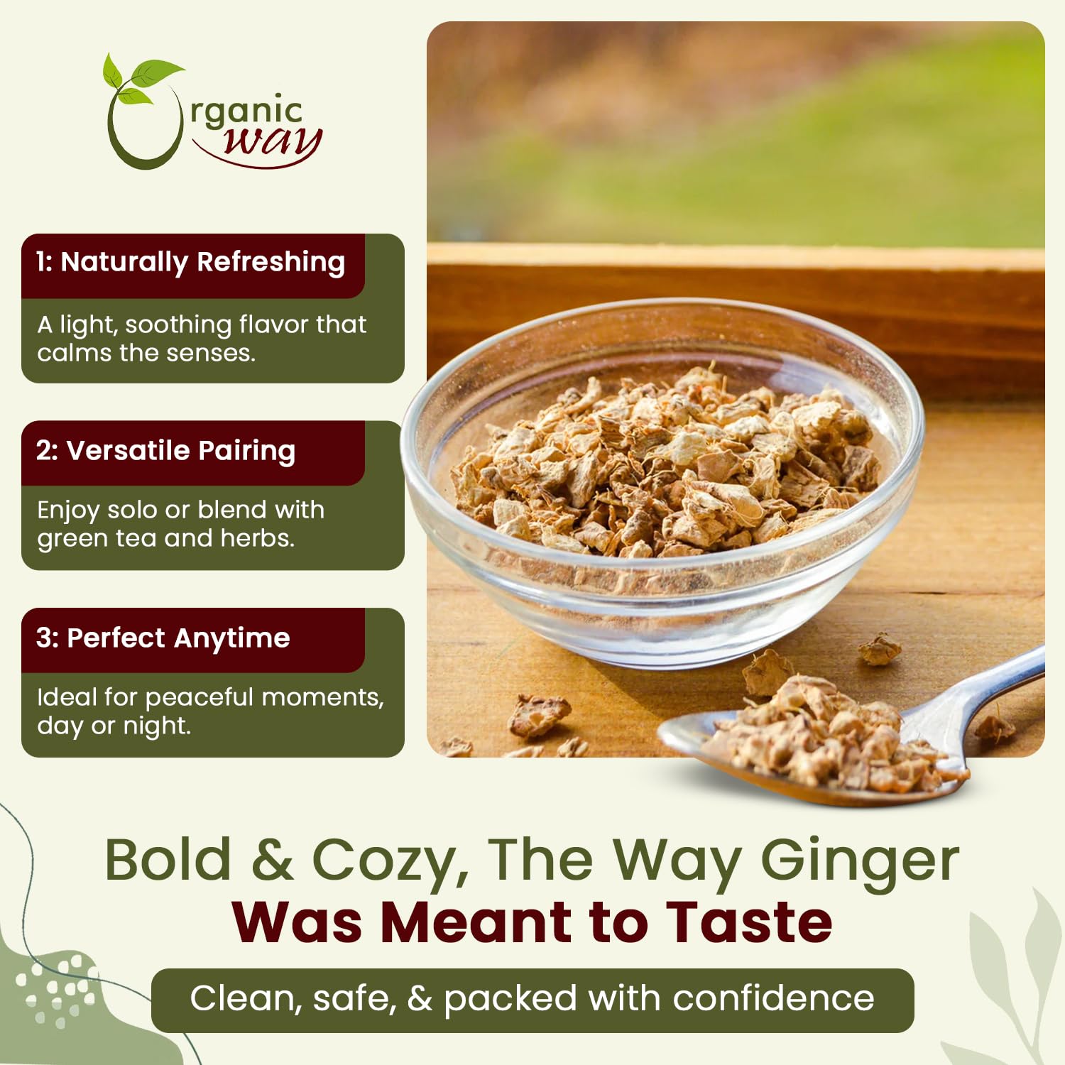 Organic Way dried ginger mixed in a bowl with spices for cooking versatility