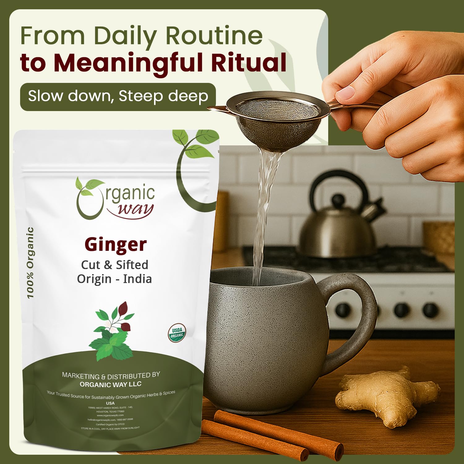 Organic Way ginger scoop over spice mix for consistent seasoning