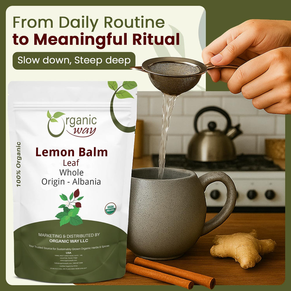 Organic Way lemon balm mixed with chamomile and mint displaying blending versatility