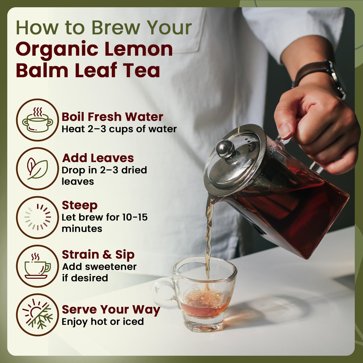Organic Way pitcher of iced lemon balm tea showcasing refreshing cold-brew option
