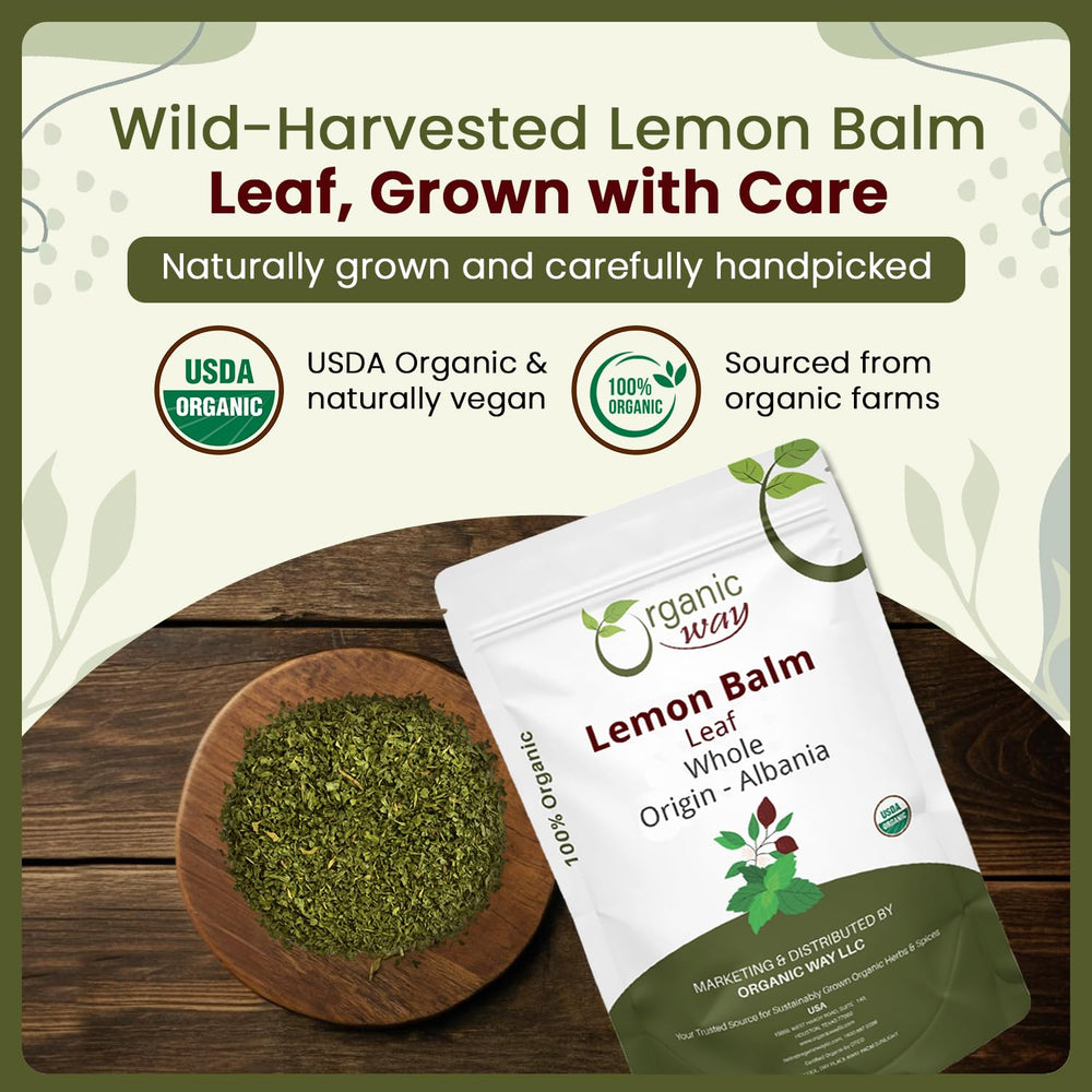Organic Way brewed cup of lemon balm tea in teacup demonstrating bright citrus infusion