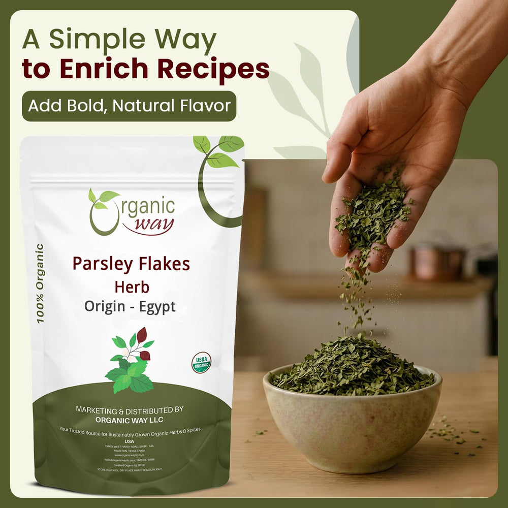 Organic Way flakes on a measuring spoon showing easy portioning benefit
