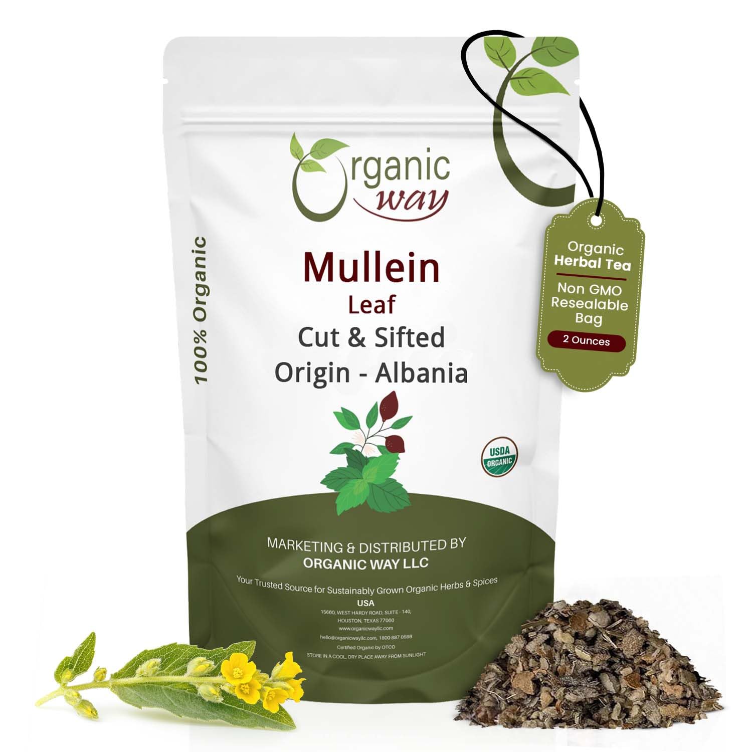 Organic Way front packaging showing 4 oz mullein leaf and clear label benefit