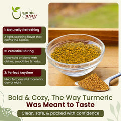 Organic Way turmeric root texture macro shot highlighting natural color and consistency