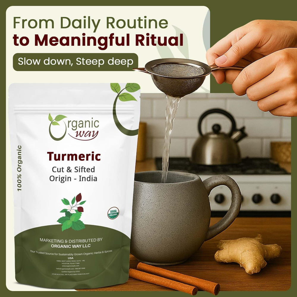 Organic Way turmeric steeping in a cup, showing warm infusion and aromatic benefit
