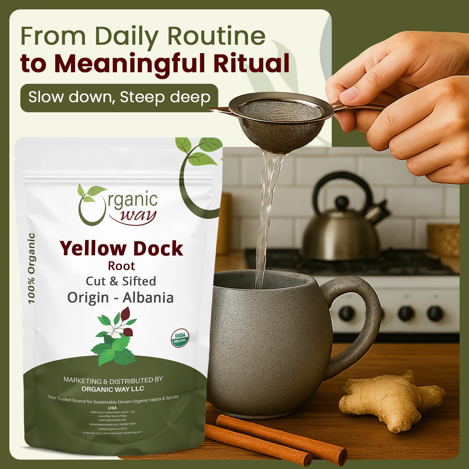 Organic Way measuring spoon with root beside cup showing easy portioning and control