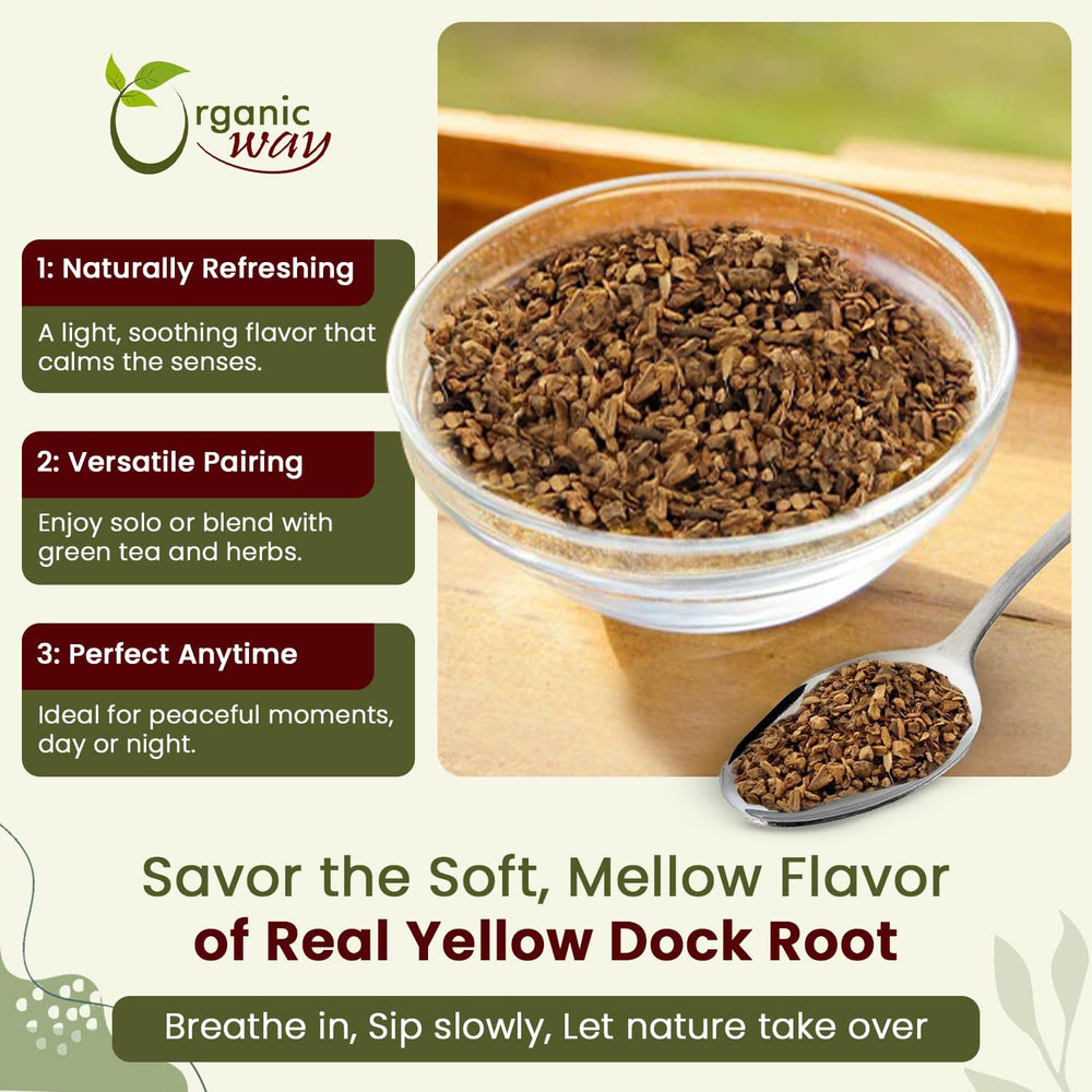 Organic Way yellow dock root steeping in a glass pot illustrating easy infusion preparation