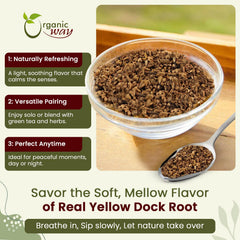 Organic Way yellow dock root steeping in a glass pot illustrating easy infusion preparation
