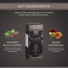 ORGANO black coffee powder close-up highlighting instant granules and rich aroma