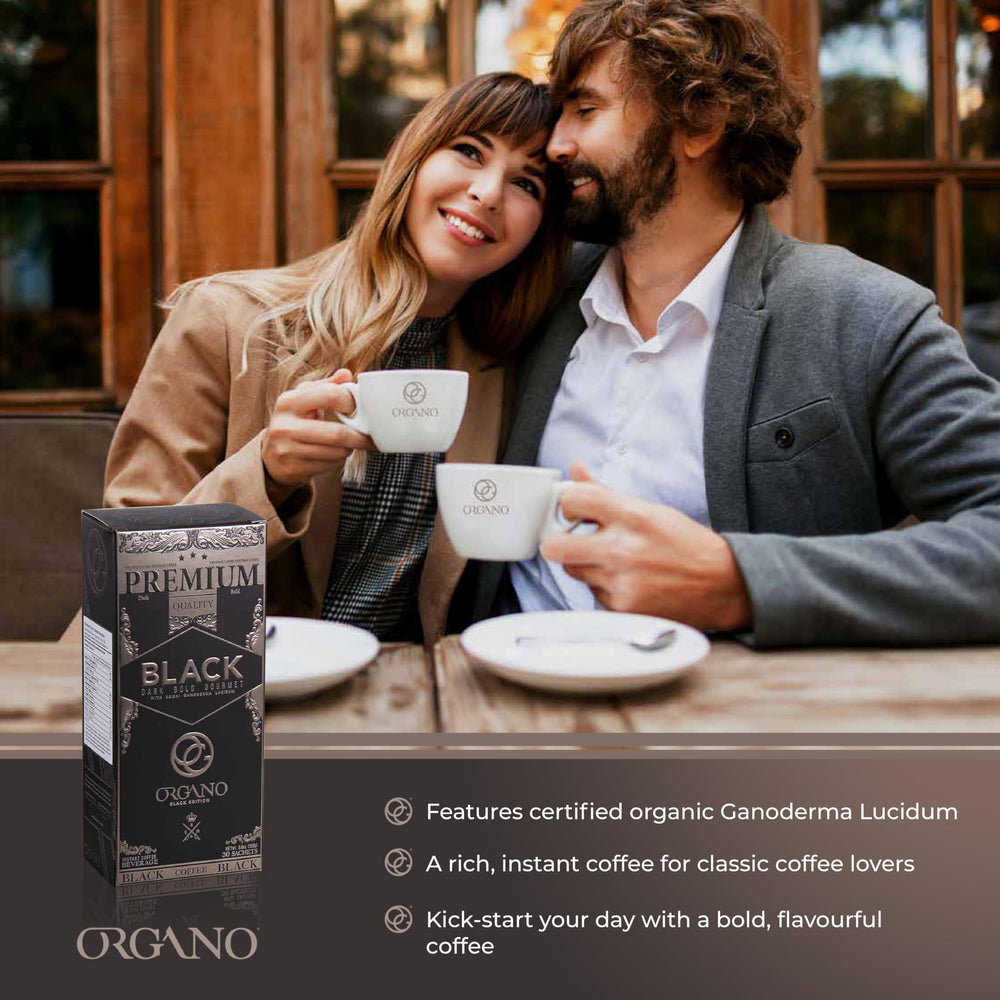 ORGANO stacked boxes beside a hand for scale showing 120 sachets and stock-up value