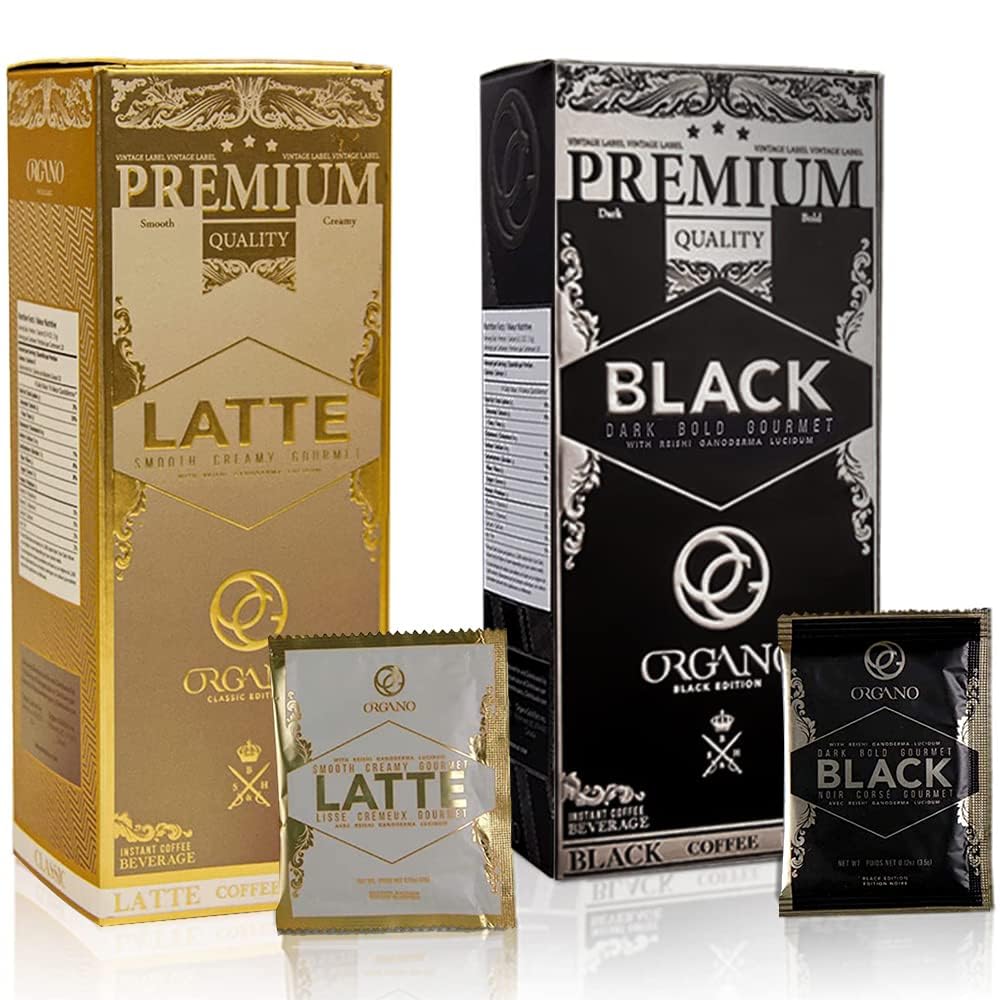 ORGANO front combo pack showing both Black Coffee and Cafe Latte for variety