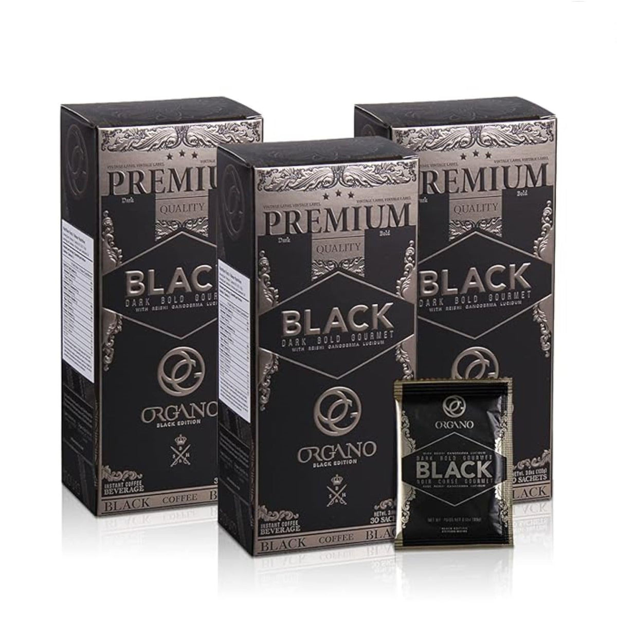 ORGANO front packaging showing three boxes and product branding for easy identification