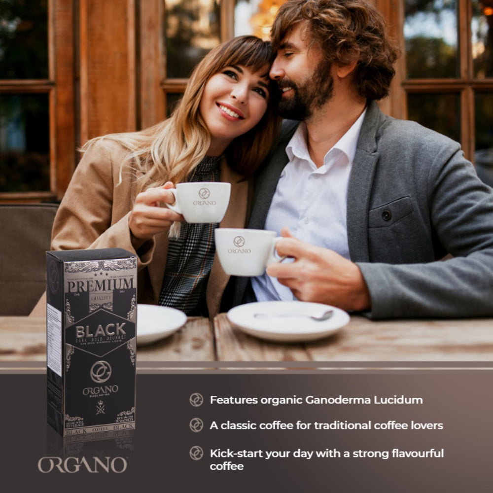 ORGANO coffee in a kitchen scene with travel mug, suggests convenient daily routine