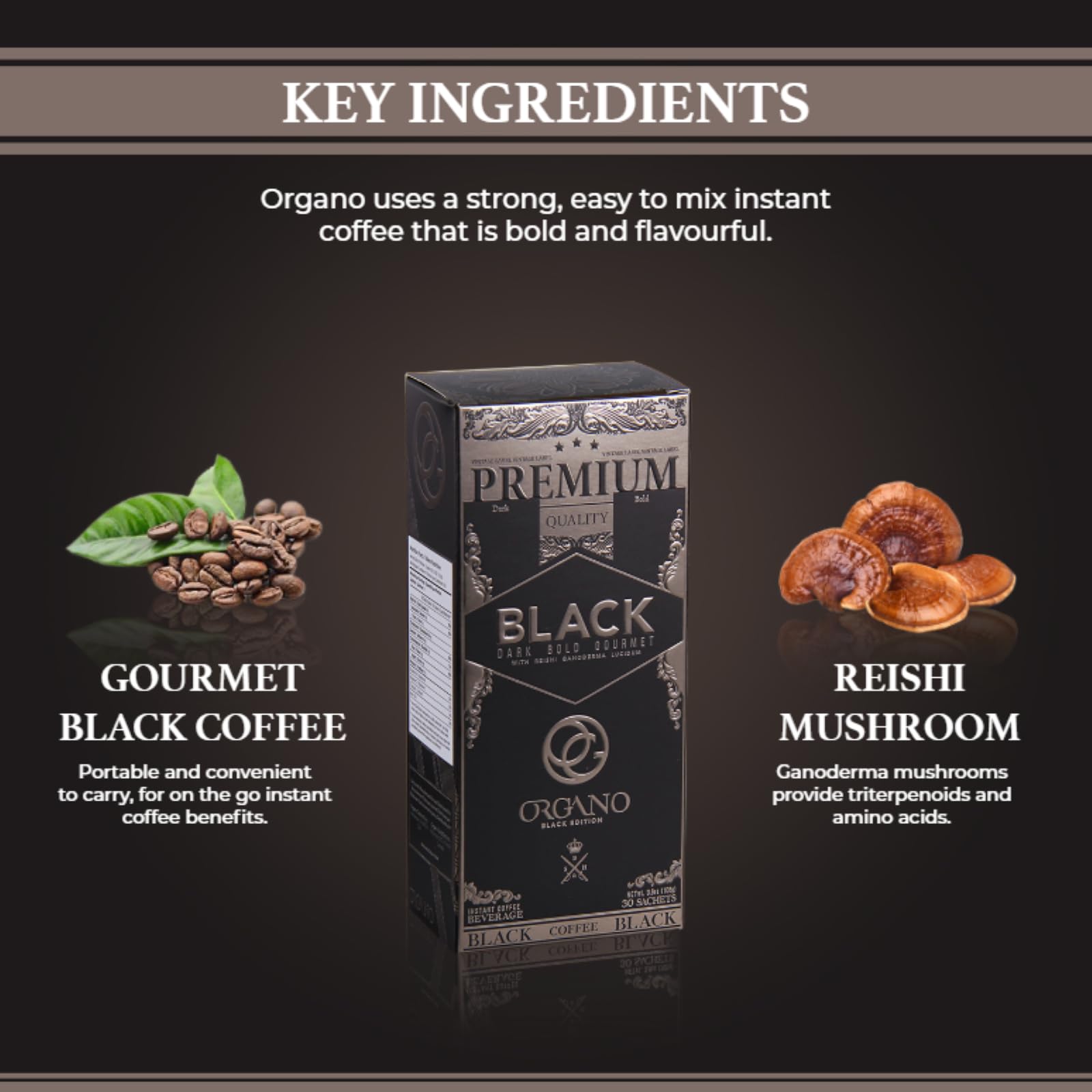 ORGANO brewed black coffee in a cup showcasing rich color and full-bodied appearance