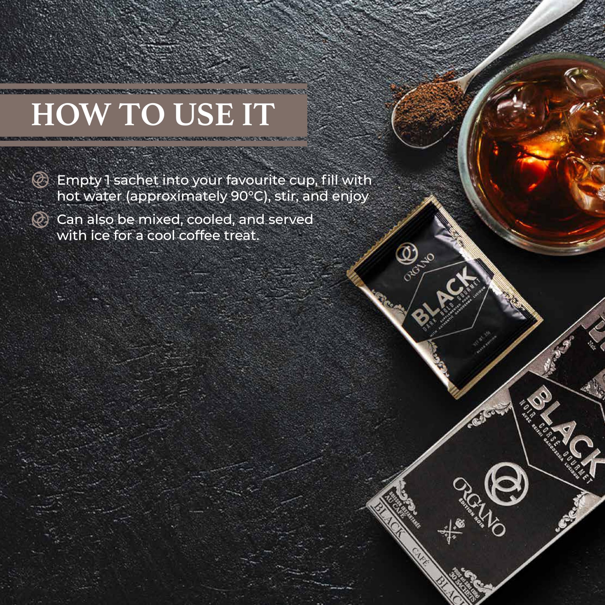 ORGANO iced coffee glass demonstrating versatility and refreshing cold-served benefit