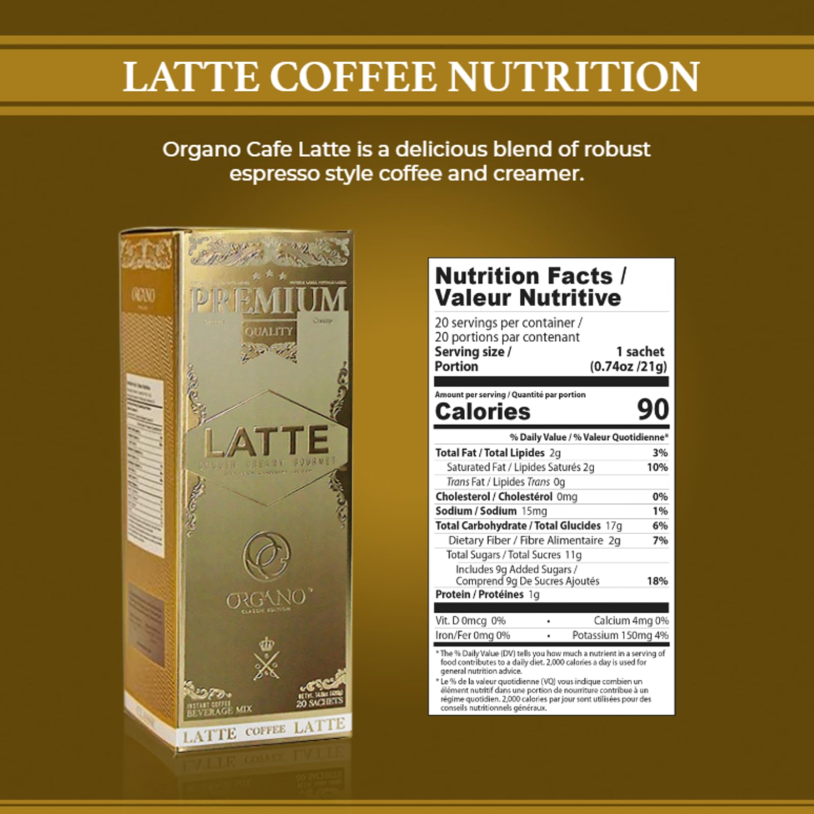 ORGANO latte powder texture in palm highlighting fine soluble mix and easy dissolution