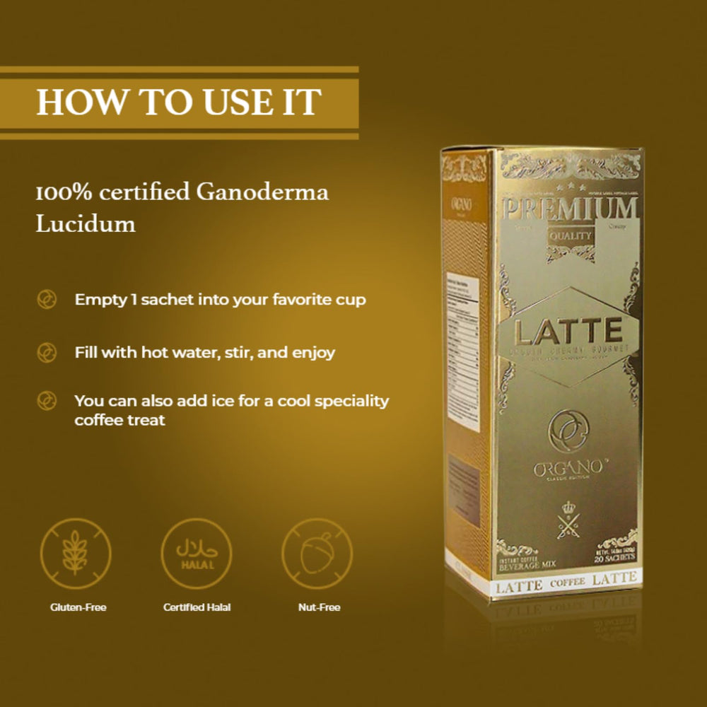ORGANO prepared latte in a cup illustrating creamy appearance and ready-to-drink convenience