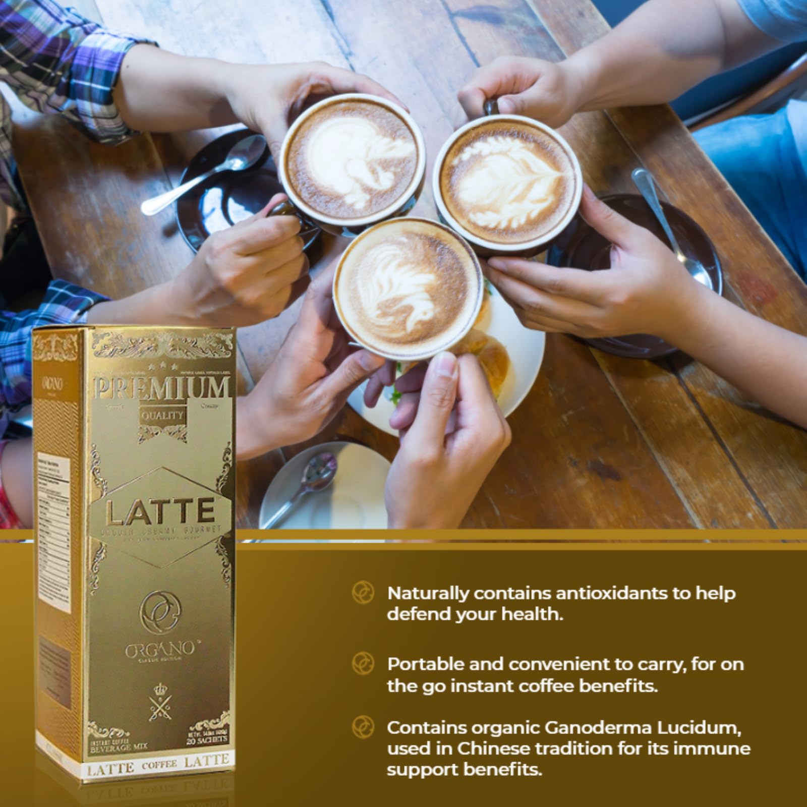 ORGANO sachet next to a hand showing size comparison and convenient portability