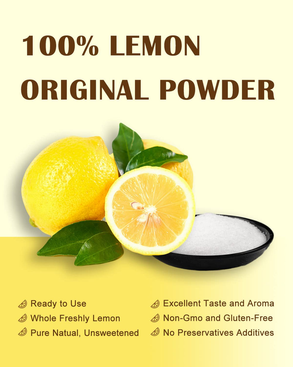 ORGFUN close-up of lemon powder texture, visualizing fine freeze-dried granules for easy mixing