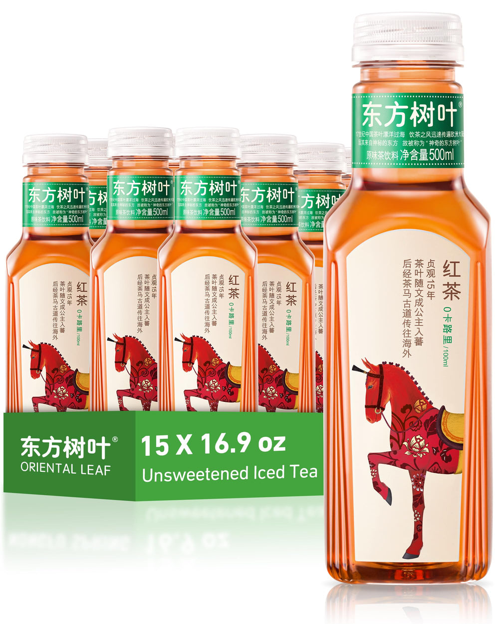 ORIENTAL LEAF front packaging showing 15 bottles and clean unsweetened appeal