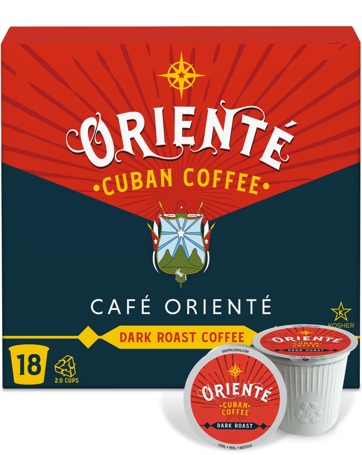 Oriente front packaging showing 18-count pods and bold Cuban roast aroma