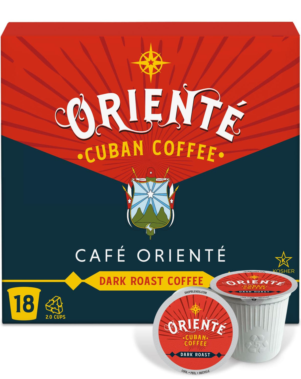 Oriente front packaging showing 18-count pods and bold Cuban roast aroma