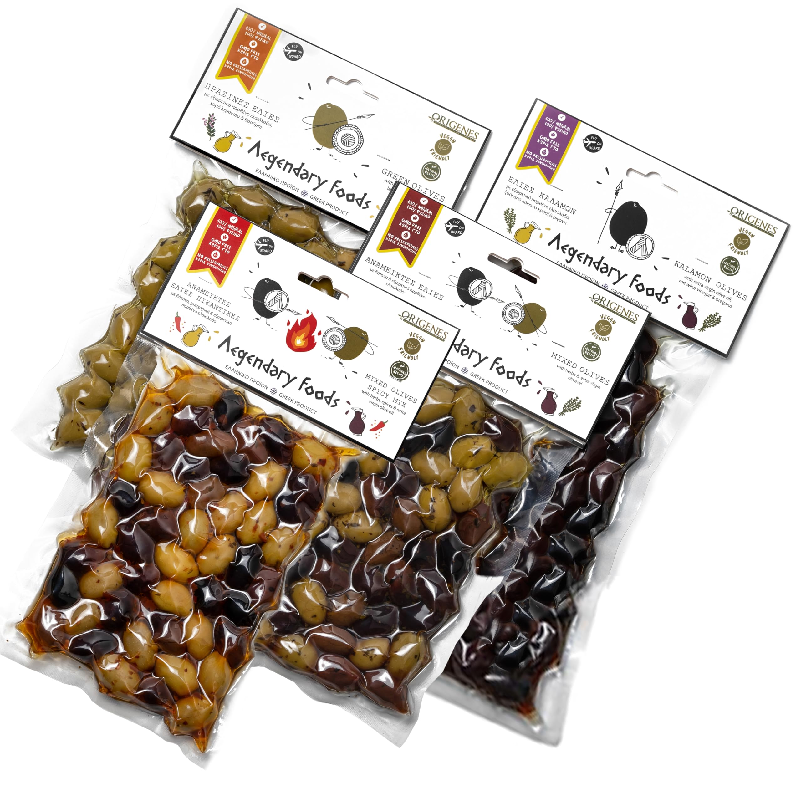 ORIGENES front packaging showing four vacuum-sealed olive pouches and labels