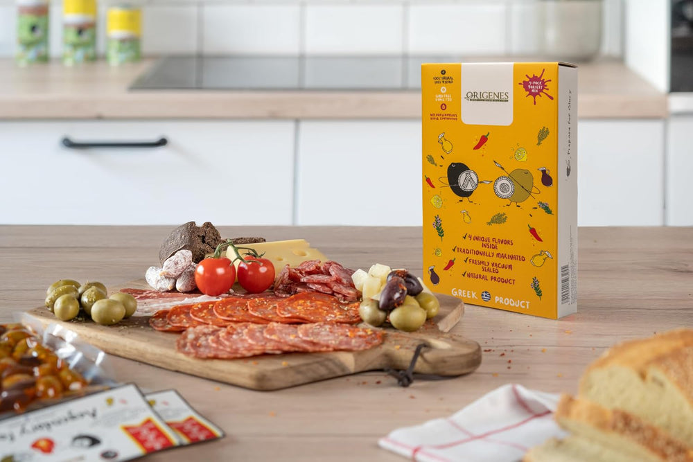 ORIGENES olive platter serving suggestion with bread and cheese for easy entertaining