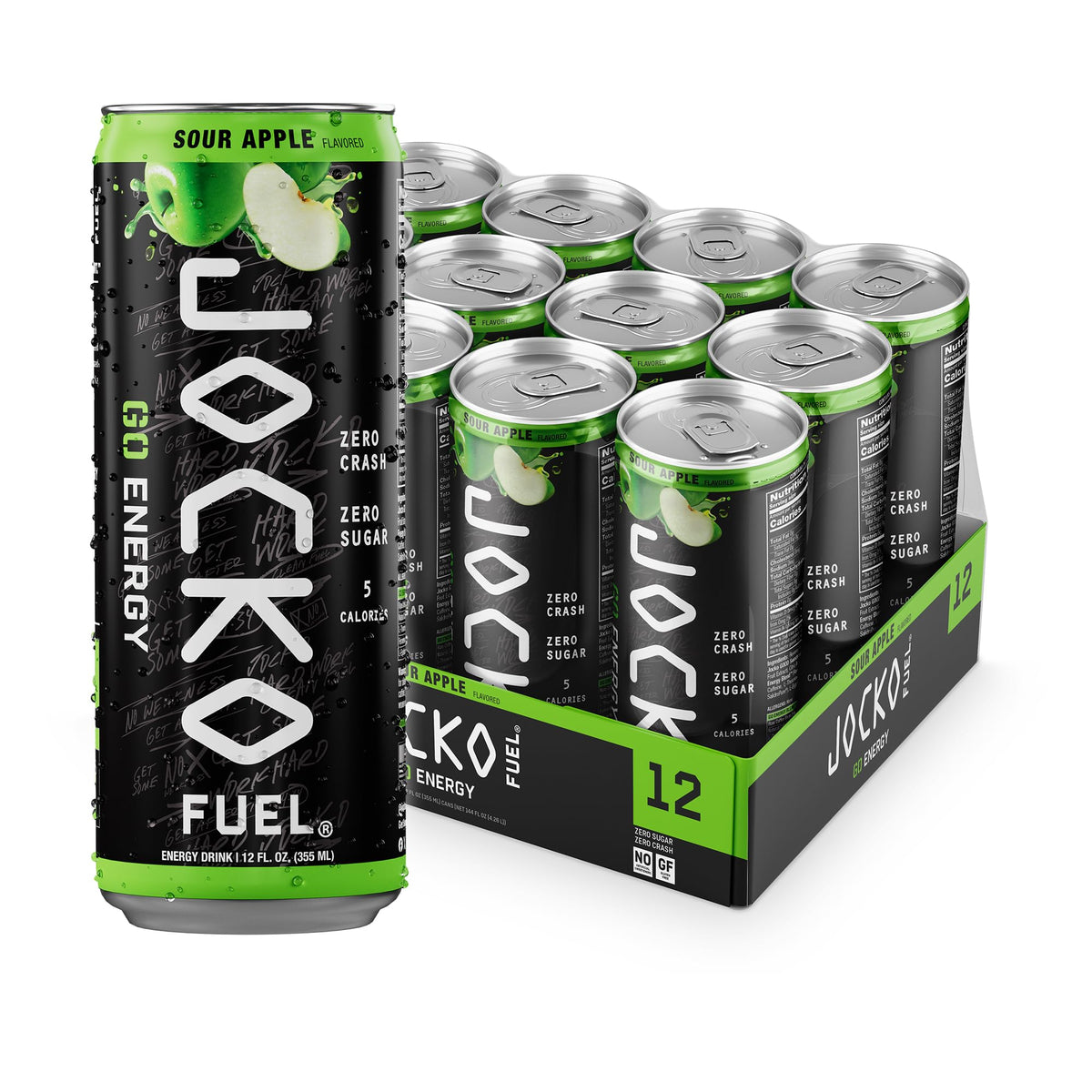 Origin Jocko Fuel GO front can showing Sour Apple branding and benefit of clean energy