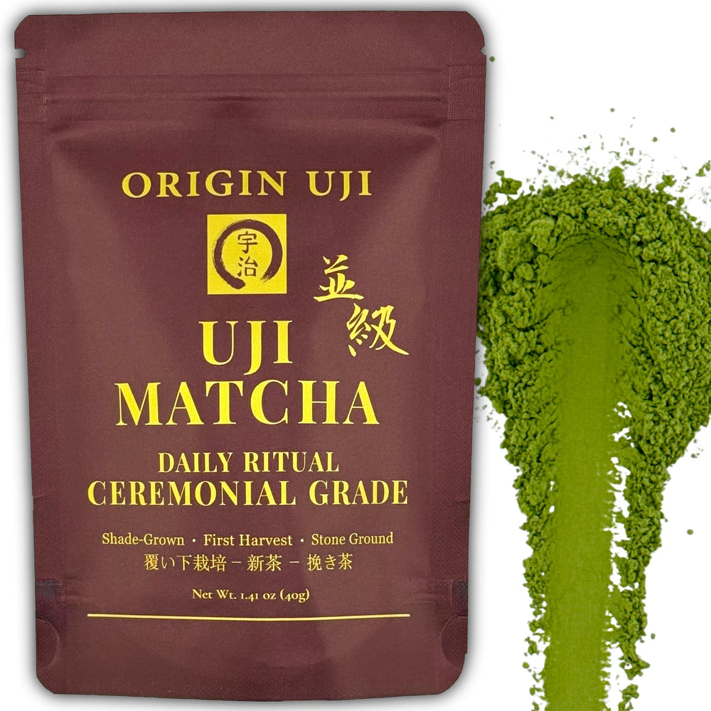 Origin Uji front pouch showing branding and fresh ceremonial matcha