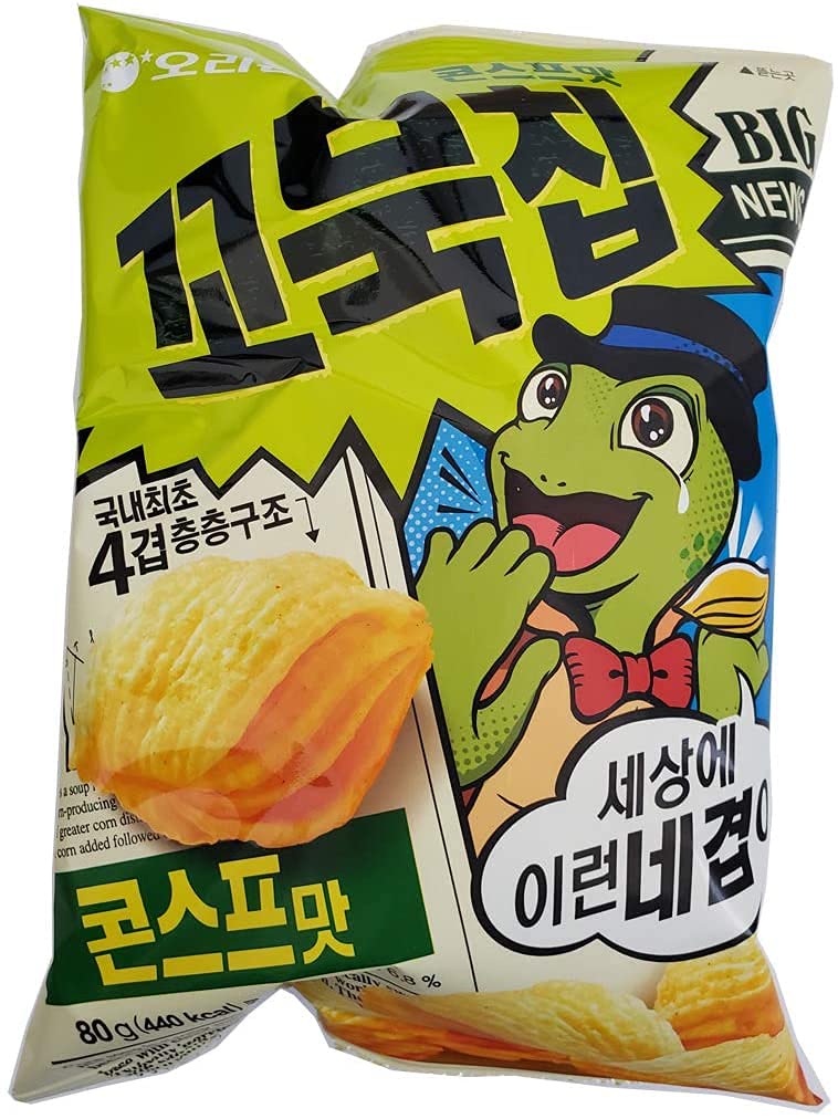 ORION Turtle Chips front packaging showing 3-pack and corn soup flavor