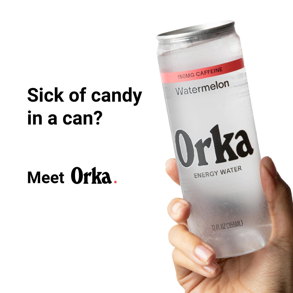 Orka closeup label highlighting natural caffeine and L‑theanine benefits
