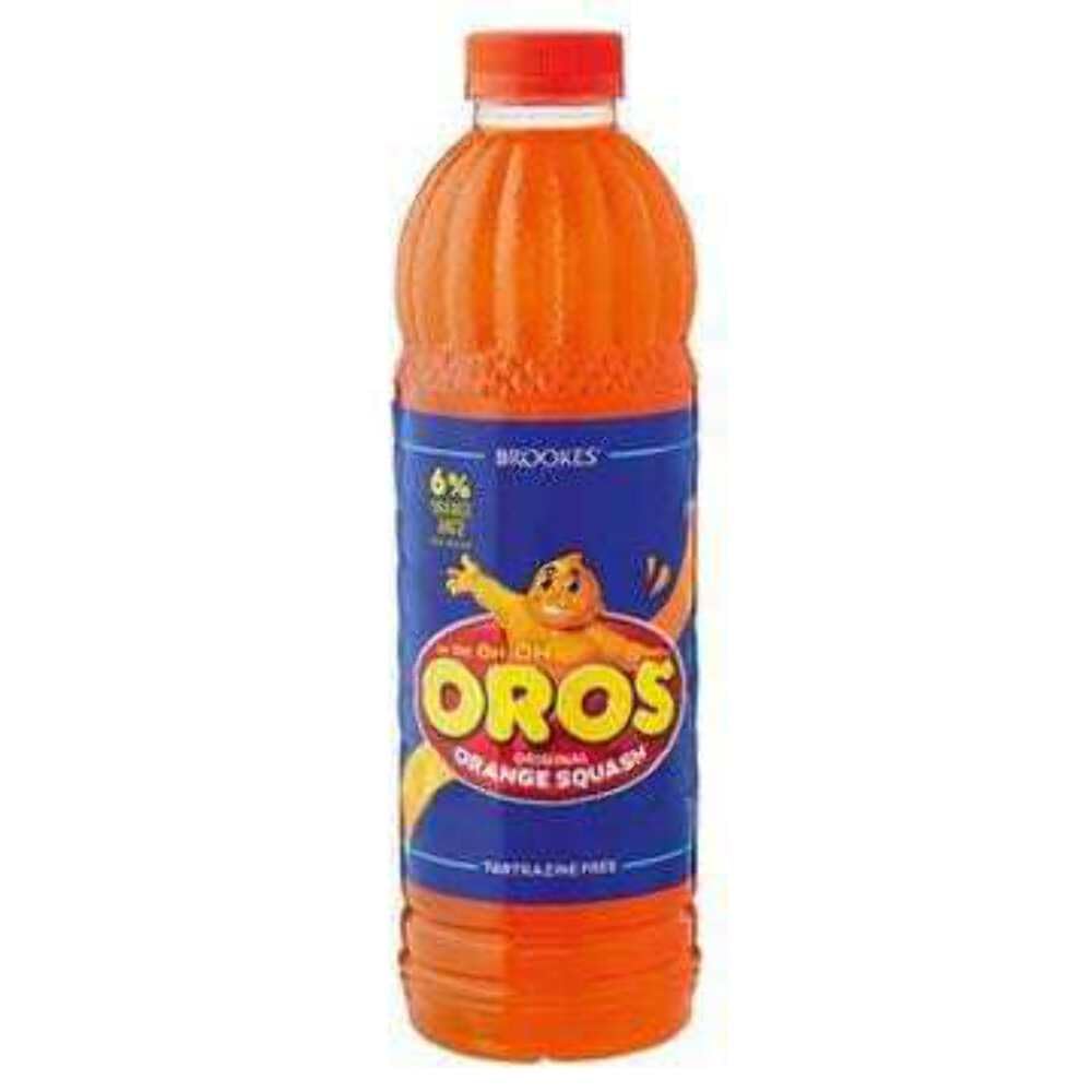 Oros bottle front view showing orange squash label and easy-pour benefit