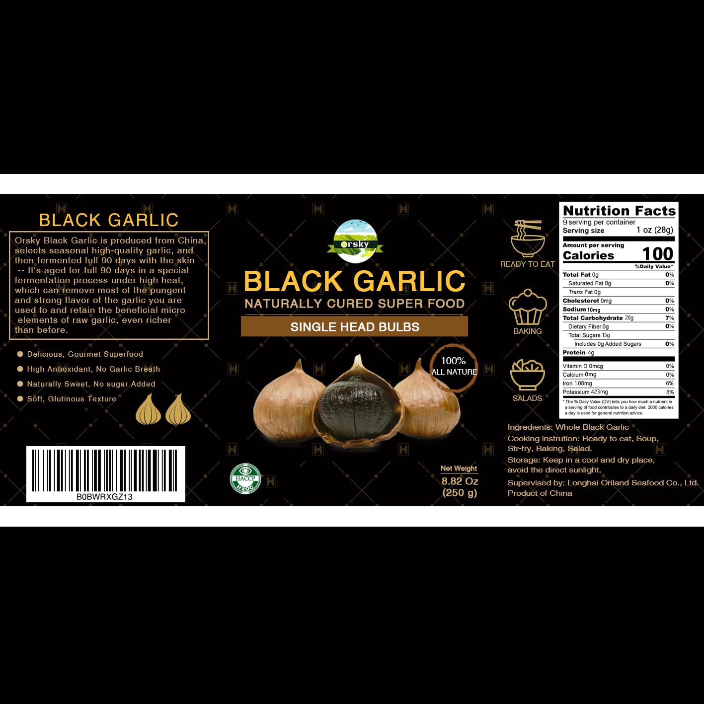 Close-up of Orsky black garlic cloves highlighting soft texture and ready-to-eat convenience
