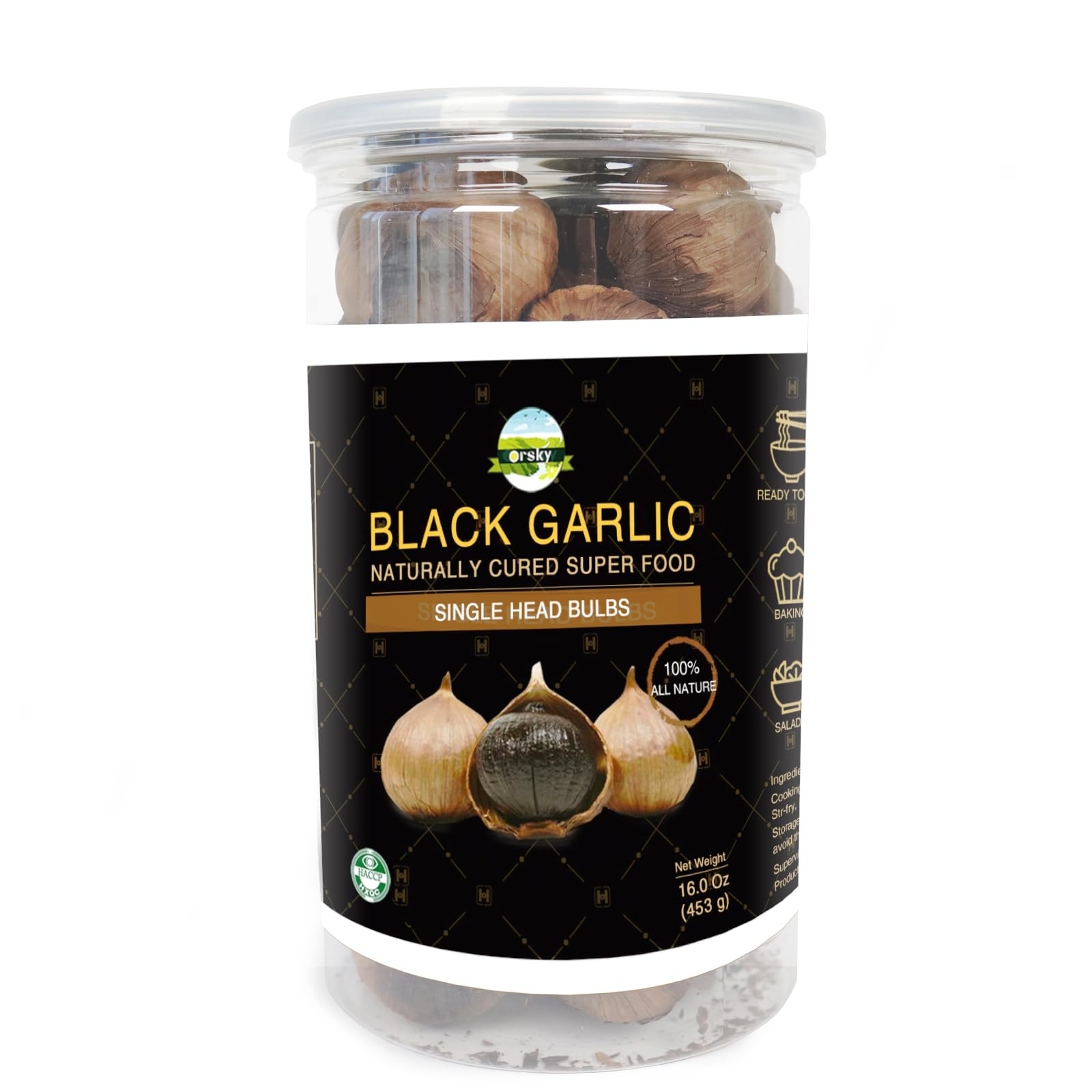 orsky black garlic front jar showing label and 16 oz size for pantry convenience