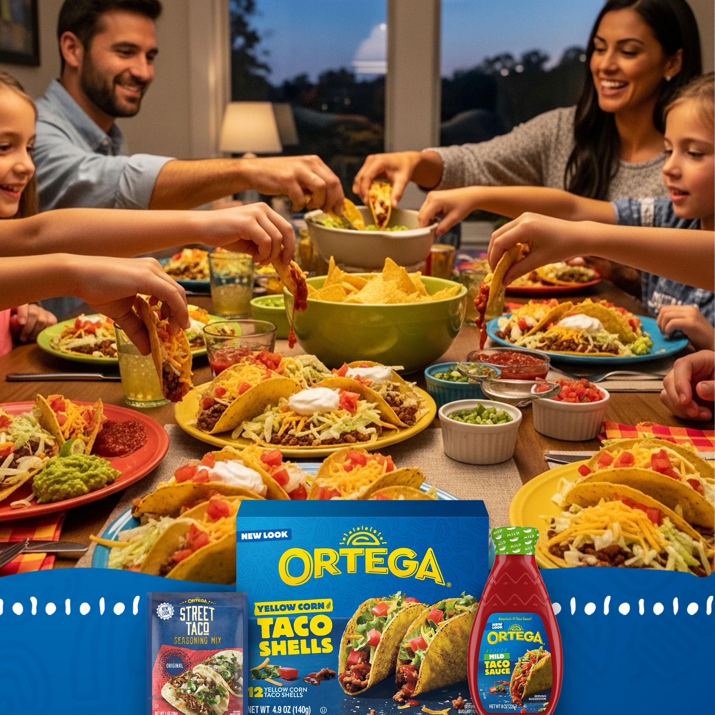 Ortega mini taco shells filled on platter with toppings demonstrating party-ready serving