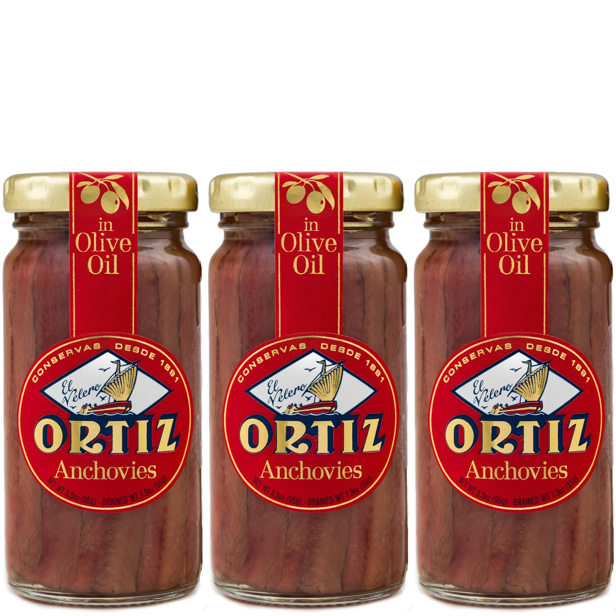 Ortiz anchovies front glass jar showing premium packaging and ready-to-serve benefit