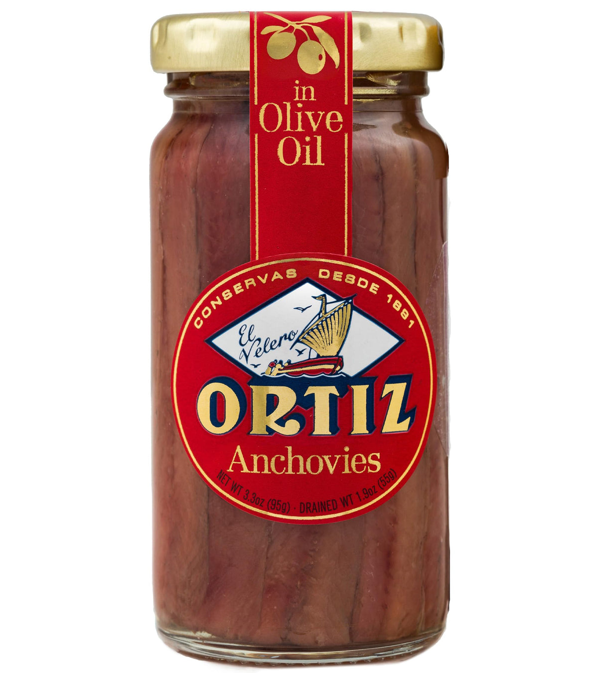 Ortiz jar front view showing fillets in oil, showcasing premium presentation and convenience