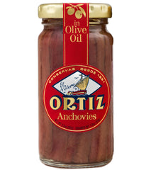 Ortiz jar front view showing fillets in oil, showcasing premium presentation and convenience
