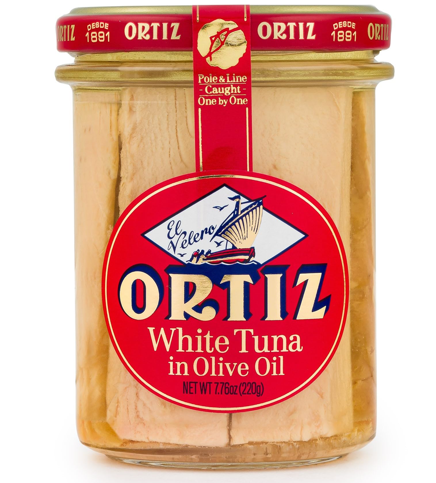 Ortiz jar front view showing clear glass and olive oil, highlights premium presentation