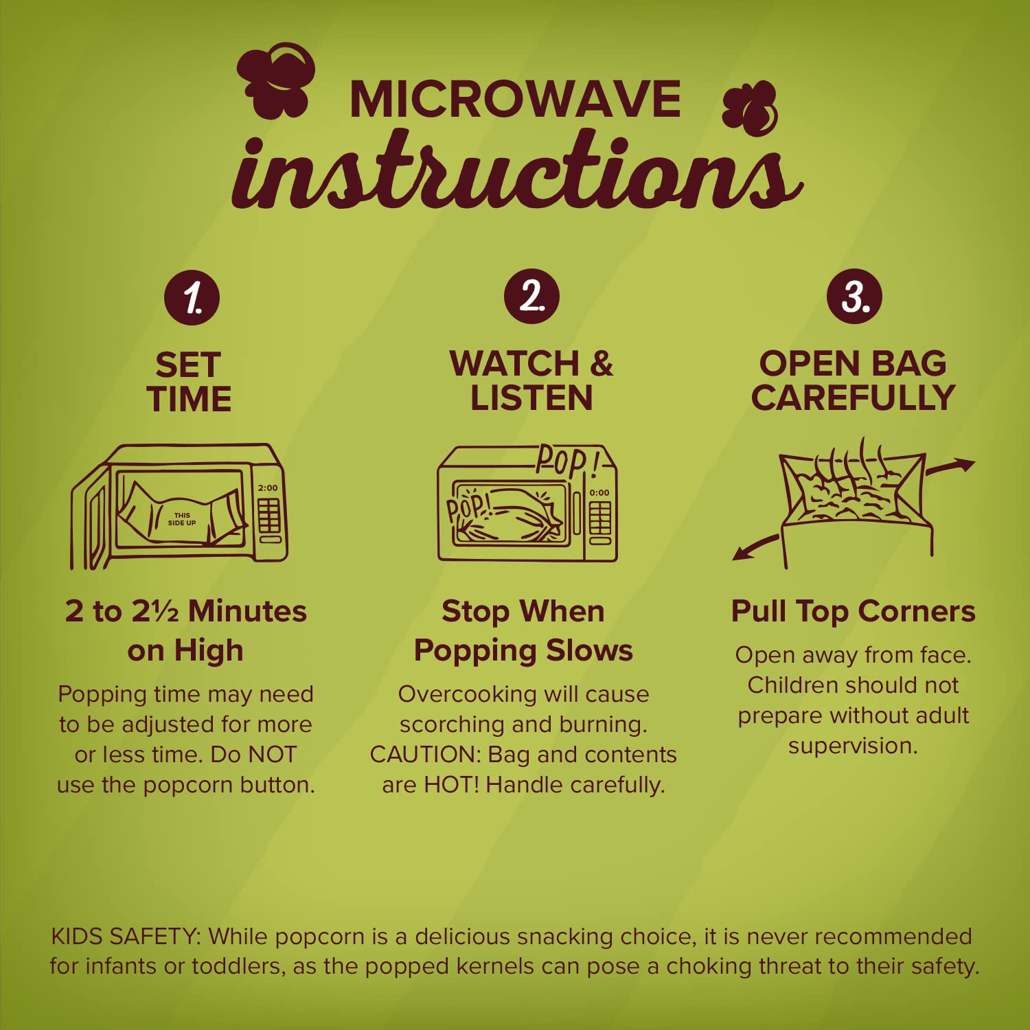 Microwave with Orville Redenbacher's bag inside demonstrating easy in-home use