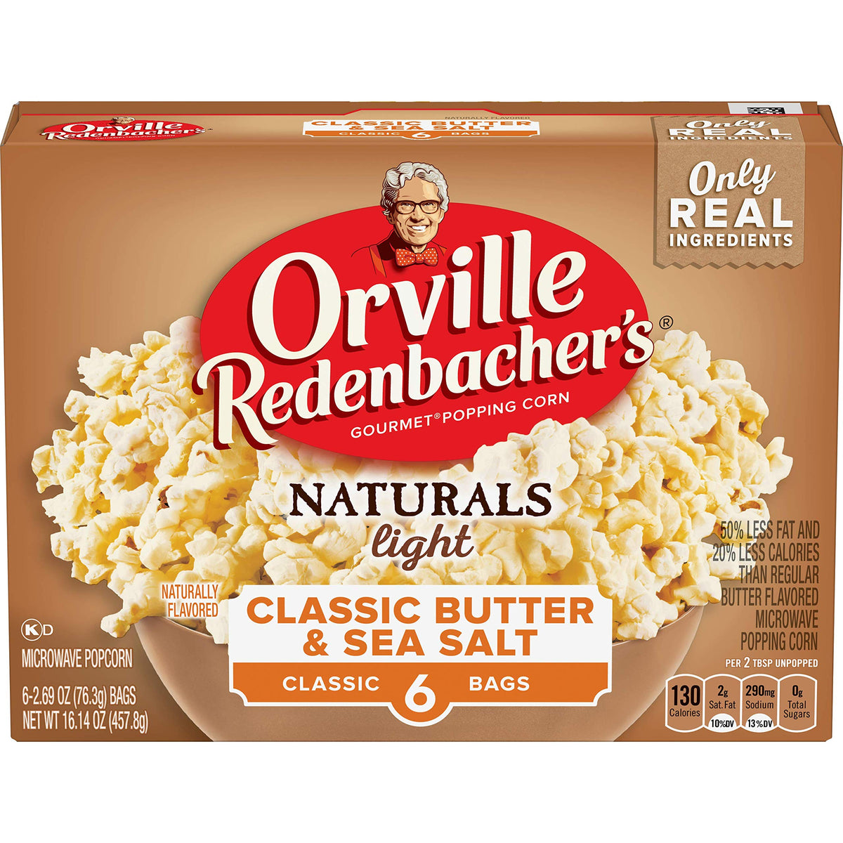 Orville Redenbacher's front packaging showing classic butter and sea salt benefits