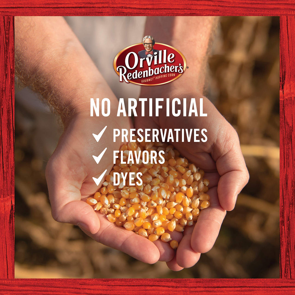 Orville Redenbacher's popcorn in a bowl beside a TV illustrating movie-night enjoyment